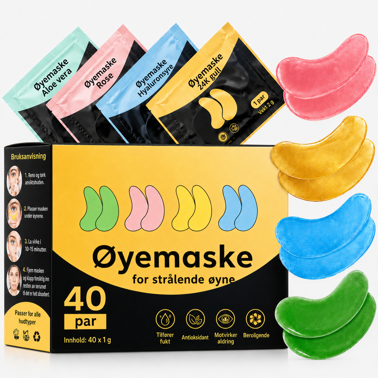 Øyemasker med serum – 40 par (Aloe vera, Rose, Hyaluronsyre & 24K Gull)