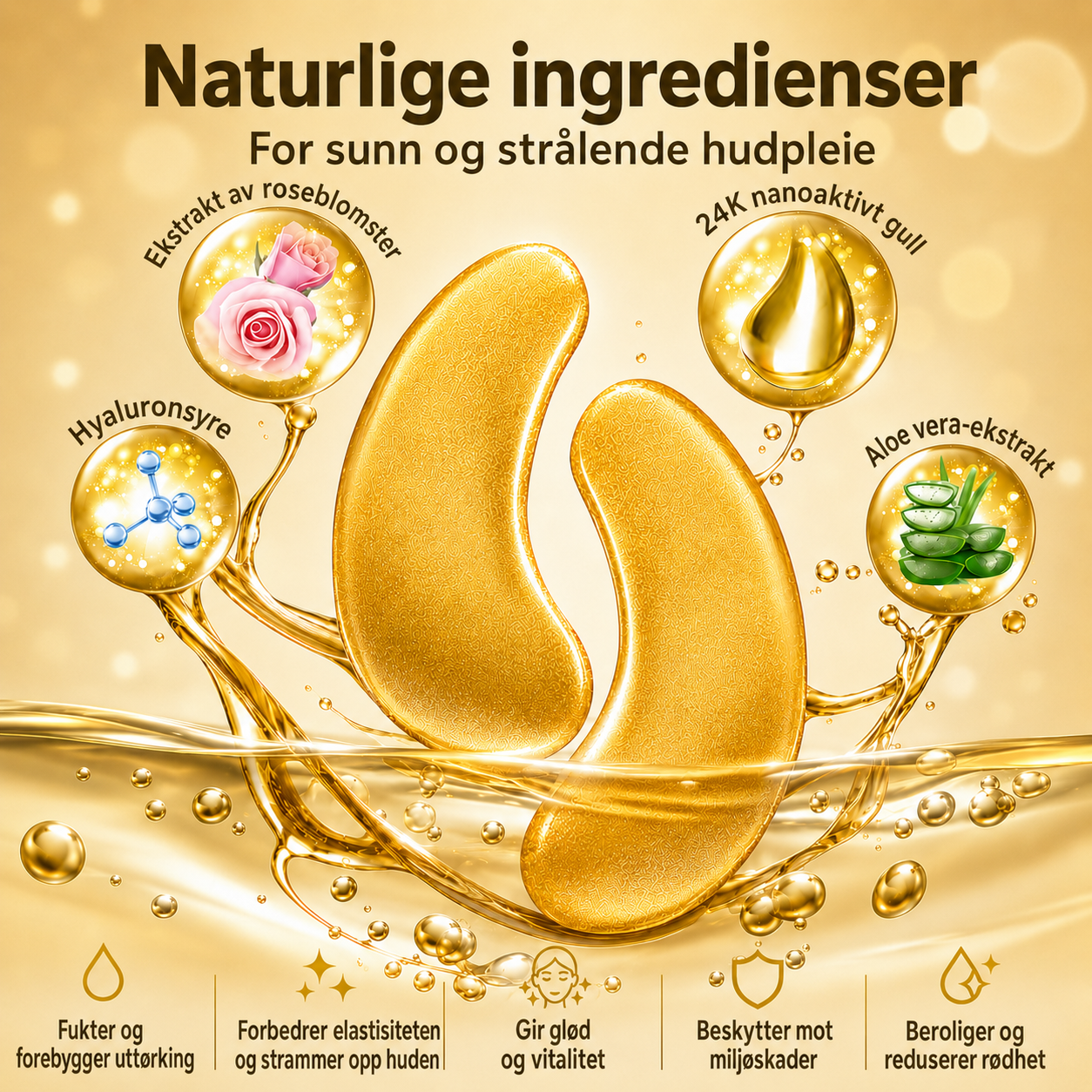 Øyemasker med serum – 40 par (Aloe vera, Rose, Hyaluronsyre & 24K Gull)